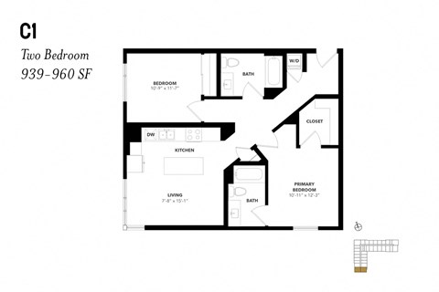 Floor plan for 2 beds, 2 baths, 1001 sqft